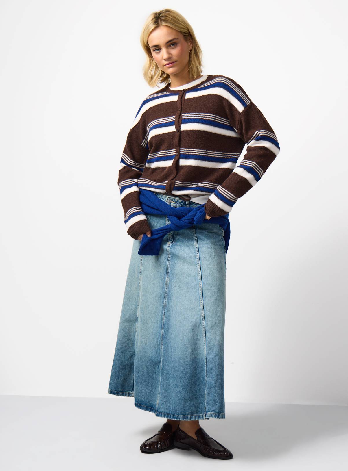 Brown Stripe Print Drawcord Hem Crew Neck Cardigan M - Image 3